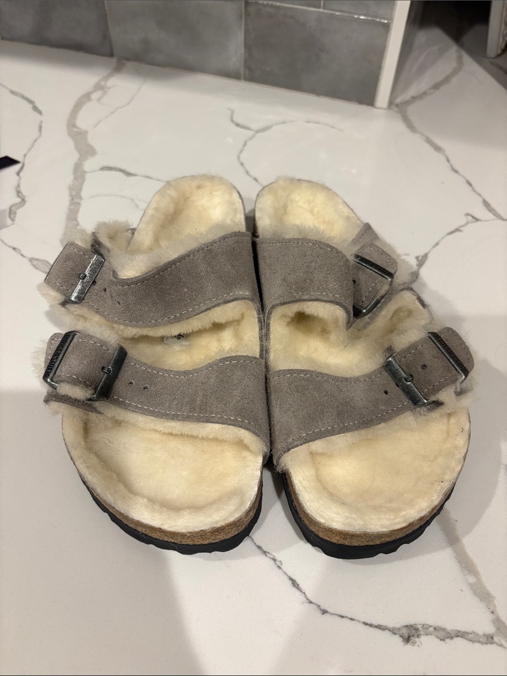 Birkenstock Shearling-Lined Double Strap Sandals — Gray & Cream